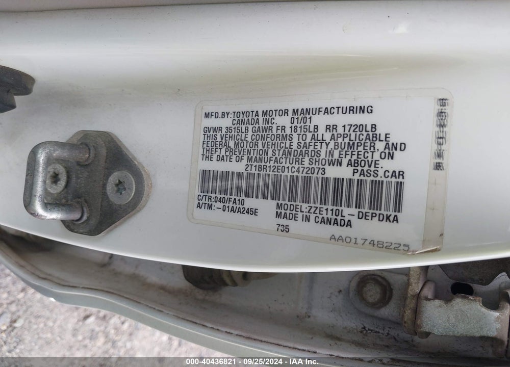 2001 TOYOTA COROLLA LE VIN: 2T1BR12E01C472073