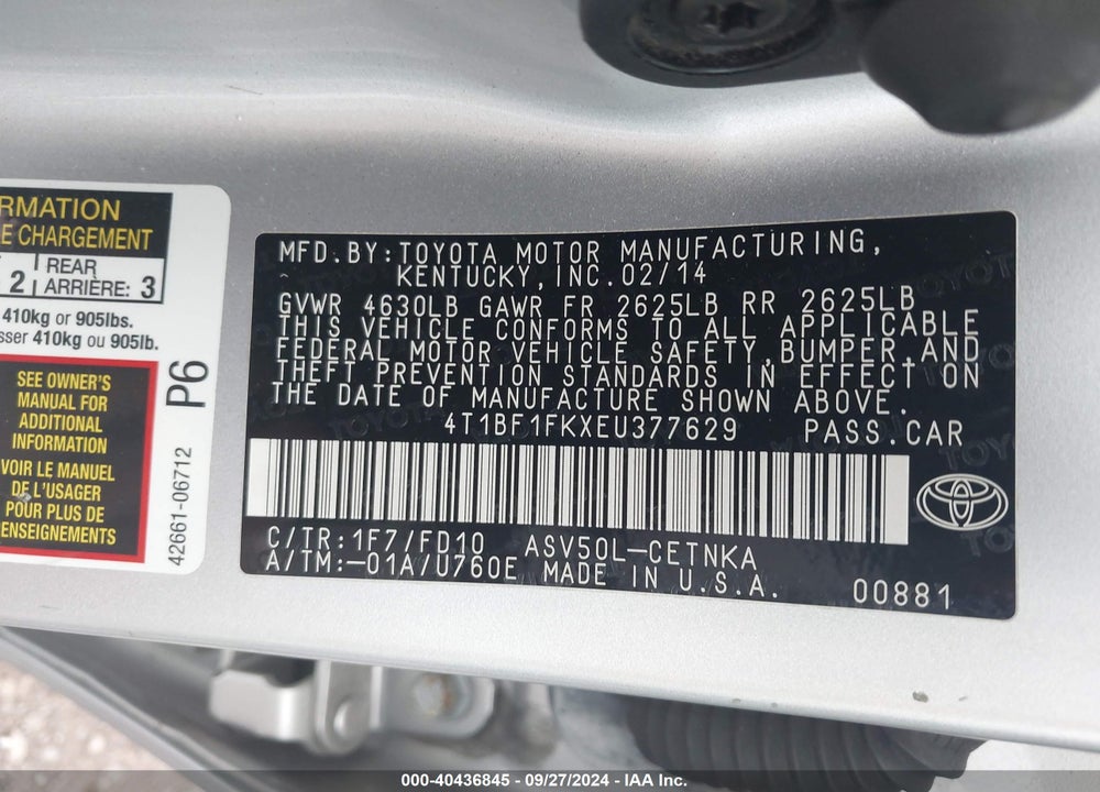 2014 TOYOTA CAMRY LE VIN: 4T1BF1FKXEU377629