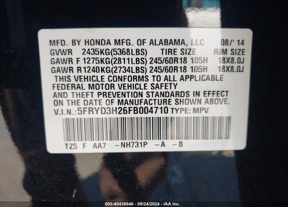 2015 ACURA MDX VIN: 5FRYD3H26FB004710