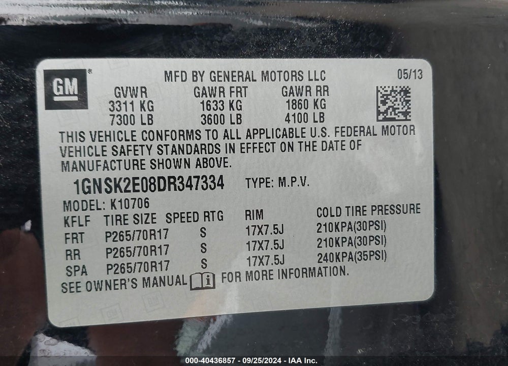 2013 CHEVROLET TAHOE COMMERCIAL FLEET VIN: 1GNSK2E08DR347334