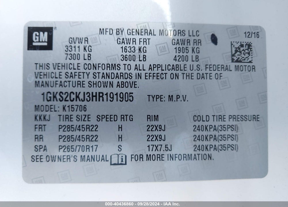 2017 GMC YUKON DENALI VIN: 1GKS2CKJ3HR191905
