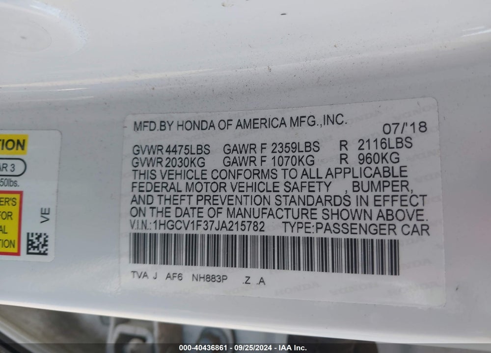 2018 HONDA ACCORD SPORT VIN: 1HGCV1F37JA215782