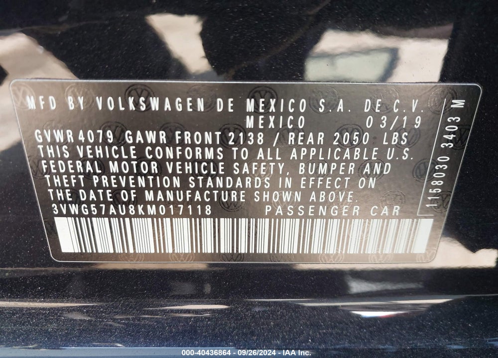 2019 VOLKSWAGEN GOLF 1.4T S/1.4T SE VIN: 3VWG57AU8KM017118