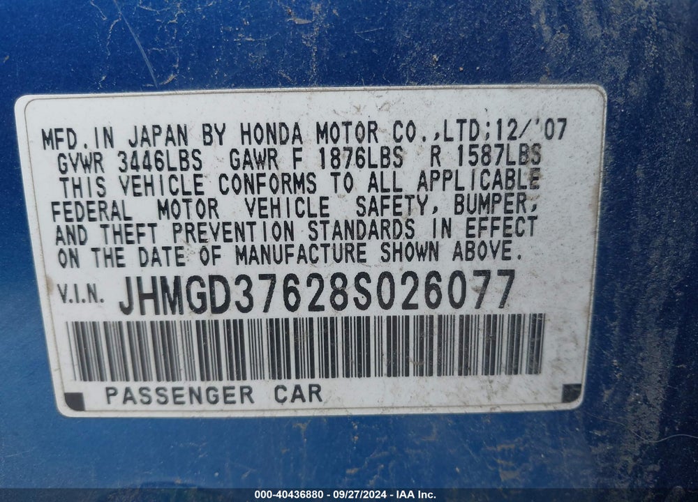 2008 HONDA FIT SPORT VIN: JHMGD37628S026077