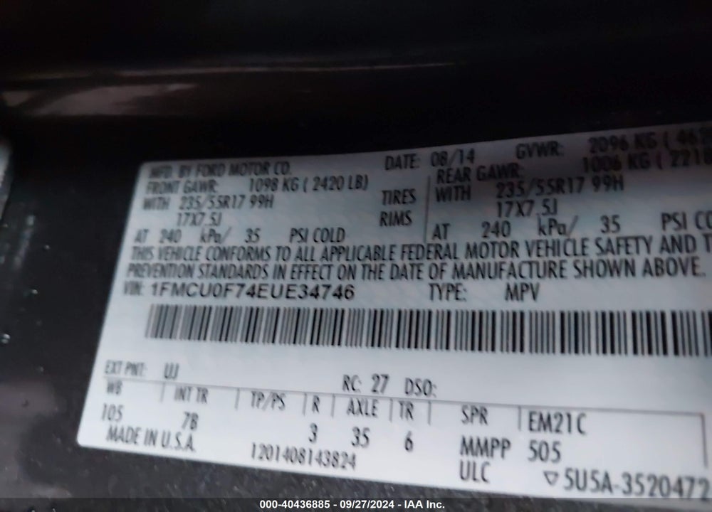 2014 FORD ESCAPE S VIN: 1FMCU0F74EUE34746