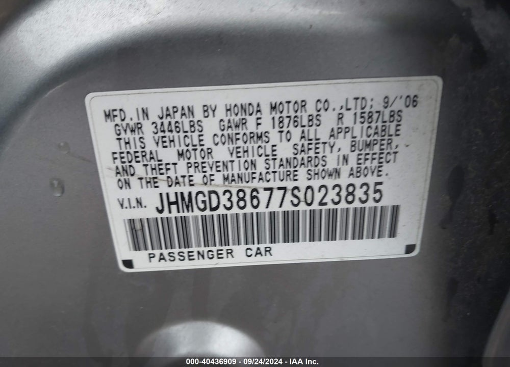 2007 HONDA FIT SPORT VIN: JHMGD38677S023835