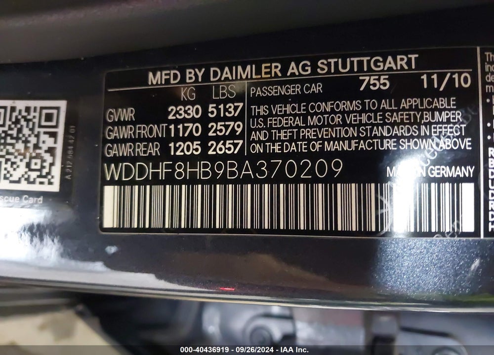 2011 MERCEDES-BENZ E 350 4MATIC VIN: WDDHF8HB9BA370209
