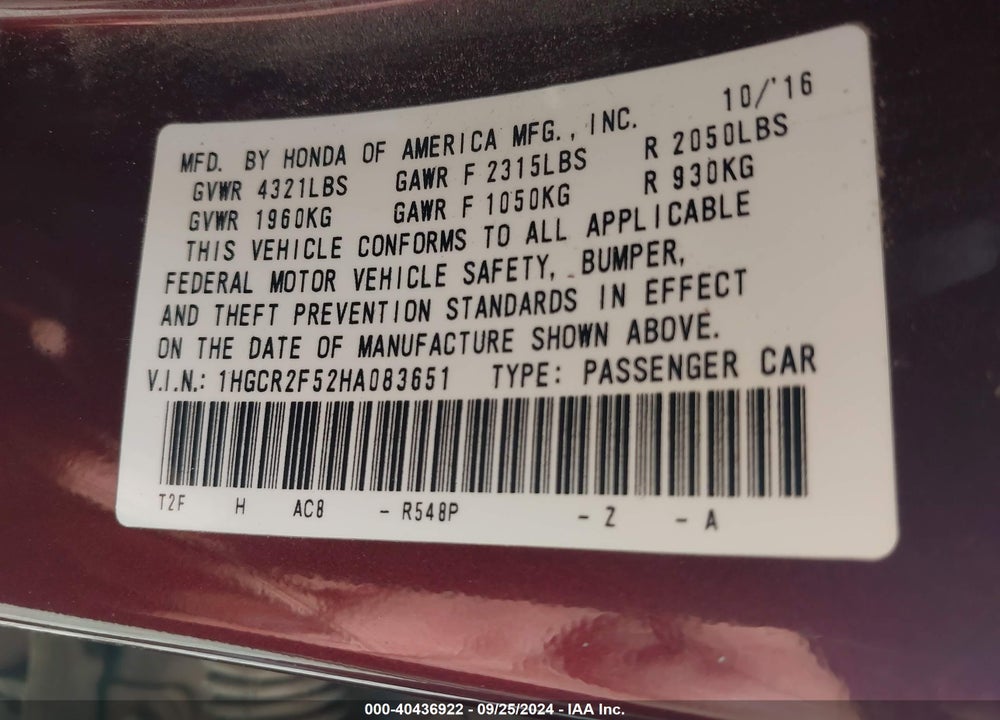 2017 HONDA ACCORD SPORT VIN: 1HGCR2F52HA083651