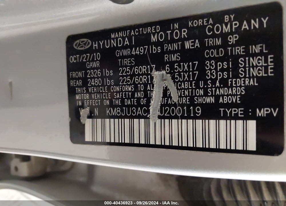 2011 HYUNDAI TUCSON GLS VIN: KM8JU3AC1BU200119