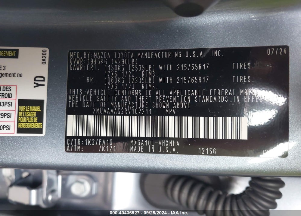 2024 TOYOTA COROLLA CROSS L VIN: 7MUAAAAG2RV102211