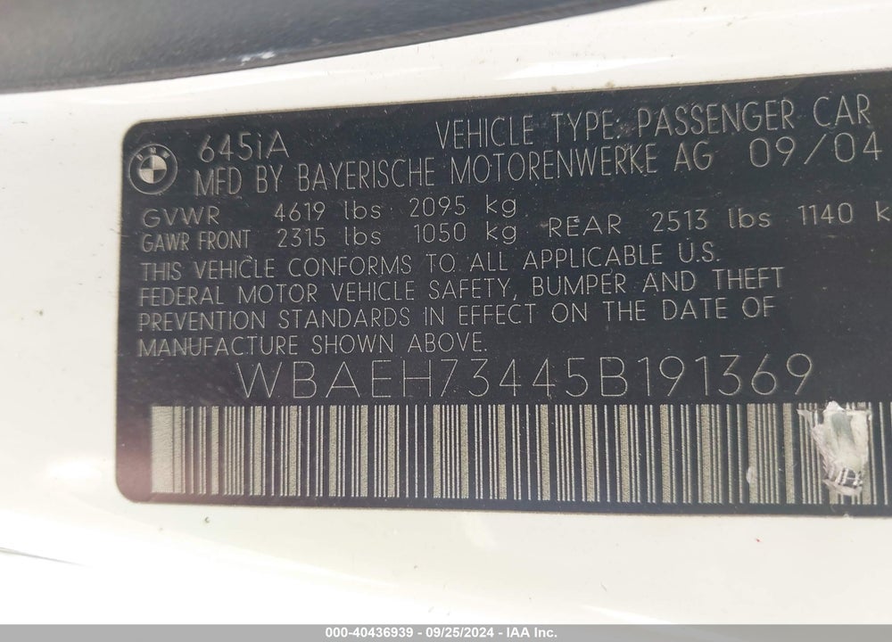 2005 BMW 645CI VIN: WBAEH73445B191369