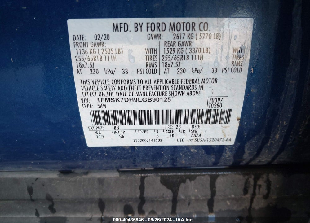 2020 FORD EXPLORER XLT VIN: 1FMSK7DH9LGB90125