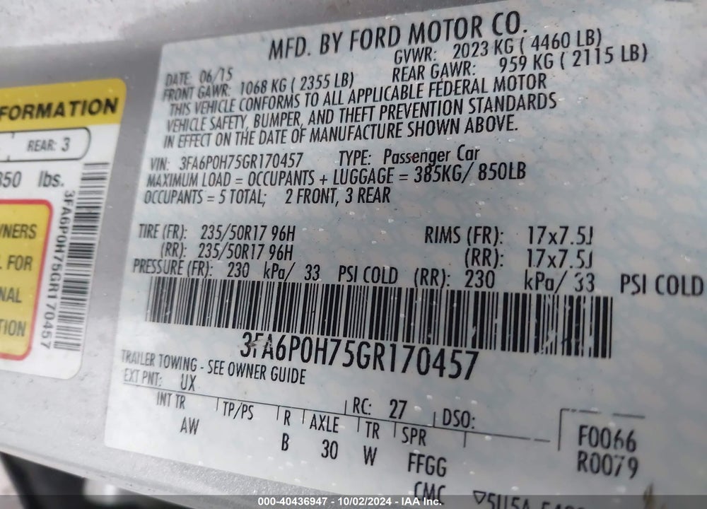 2016 FORD FUSION SE VIN: 3FA6P0H75GR170457