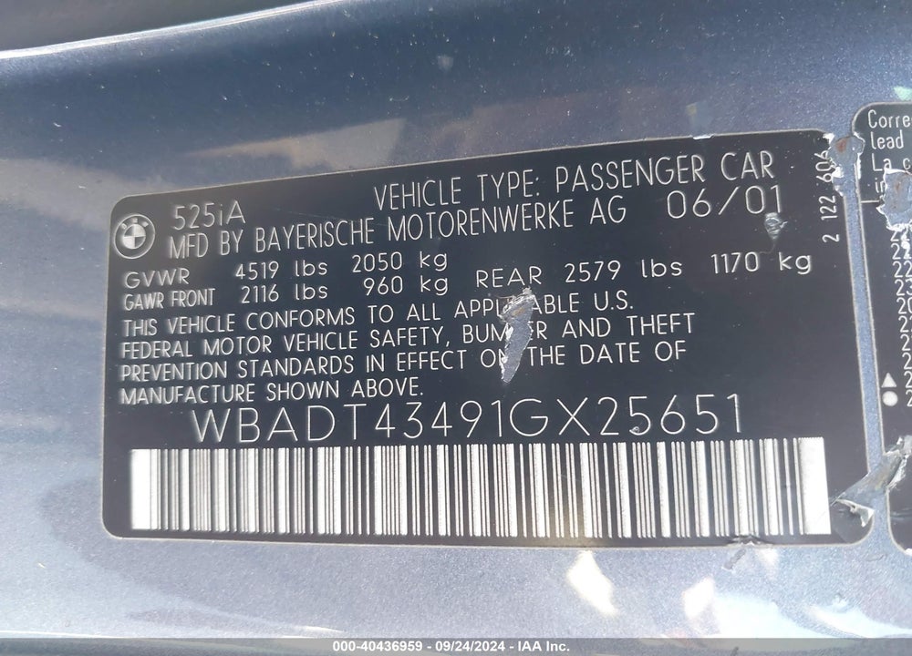 2001 BMW 525IA VIN: WBADT43491GX25651