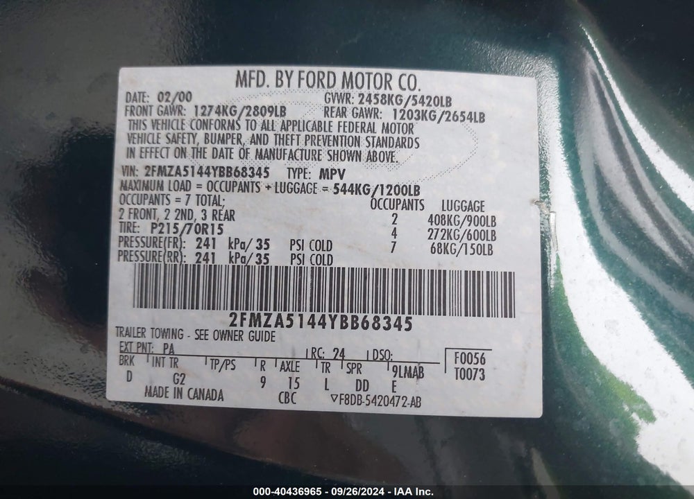 2000 FORD WINDSTAR LX VIN: 2FMZA5144YBB68345