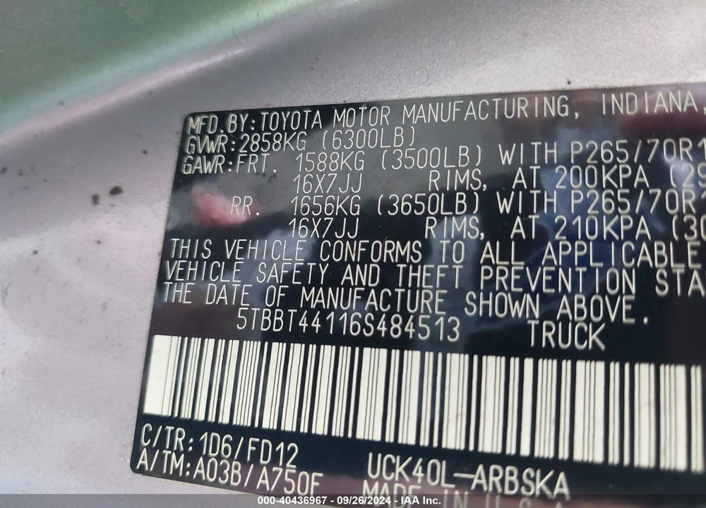 2006 TOYOTA TUNDRA SR5 V8 VIN: 5TBBT44116S484513