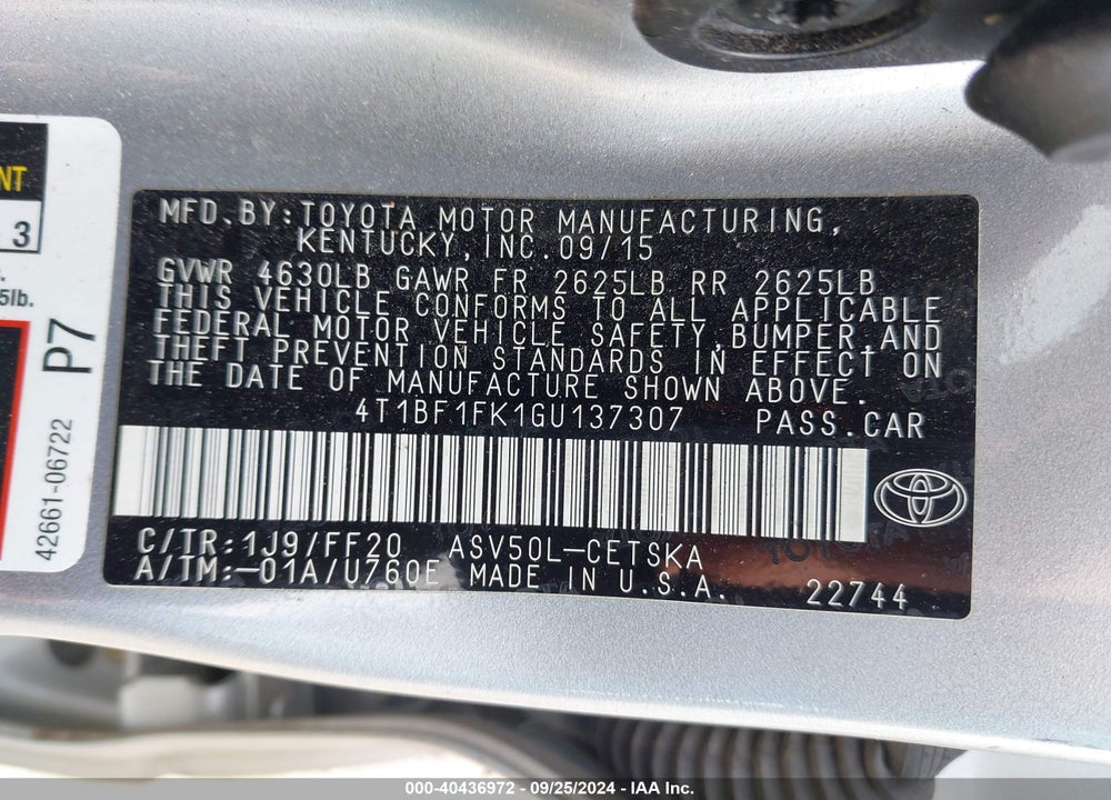 2016 TOYOTA CAMRY SE VIN: 4T1BF1FK1GU137307