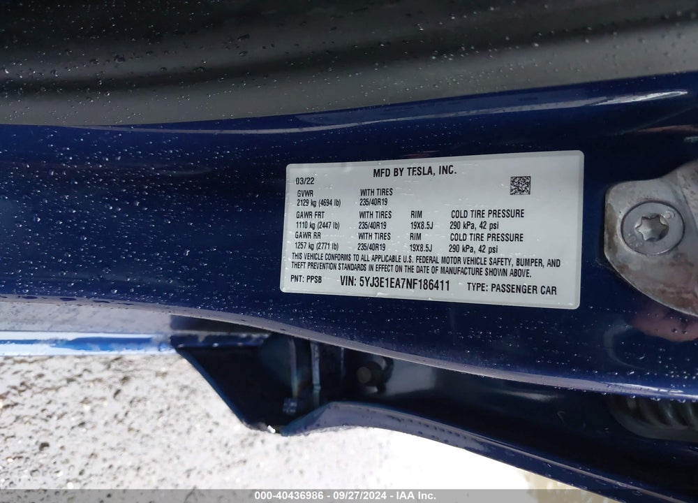 2022 TESLA MODEL 3 VIN: 5YJ3E1EA7NF186411