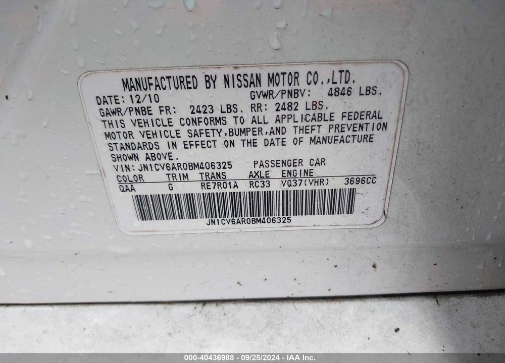 2011 INFINITI G37X VIN: JN1CV6AR0BM406325