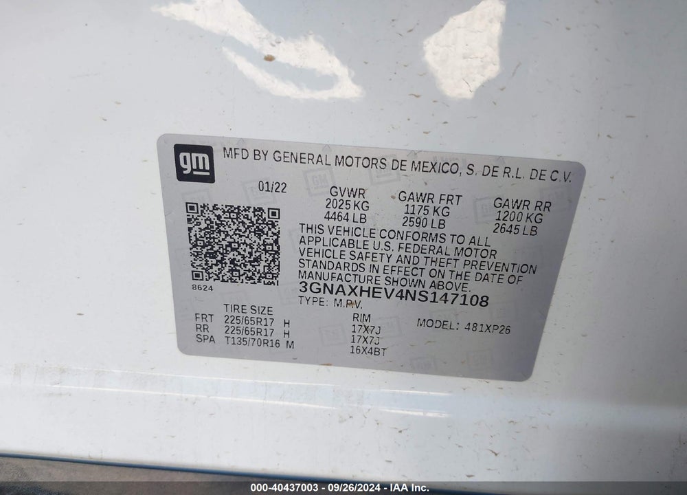 2022 CHEVROLET EQUINOX FWD LS VIN: 3GNAXHEV4NS147108