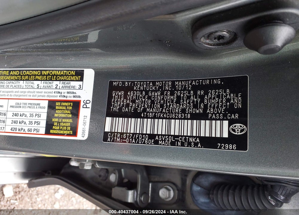 2012 TOYOTA CAMRY LE VIN: 4T1BF1FK4CU628318