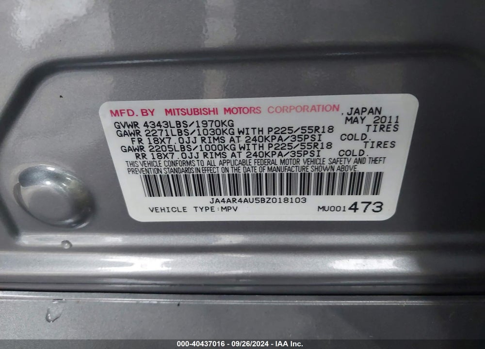 2011 MITSUBISHI OUTLANDER SPORT SE VIN: JA4AR4AU5BZ018103