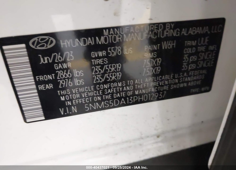 2023 HYUNDAI SANTA FE HYBRID LIMITED VIN: 5NMS5DA13PH012937