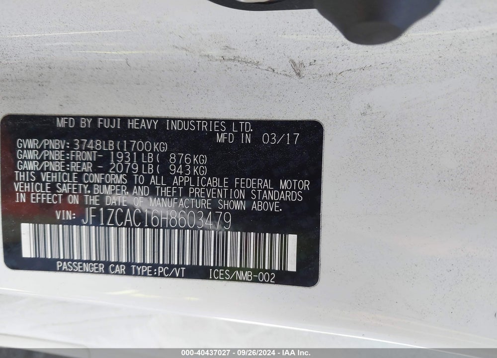 2017 SUBARU BRZ LIMITED VIN: JF1ZCAC16H8603479