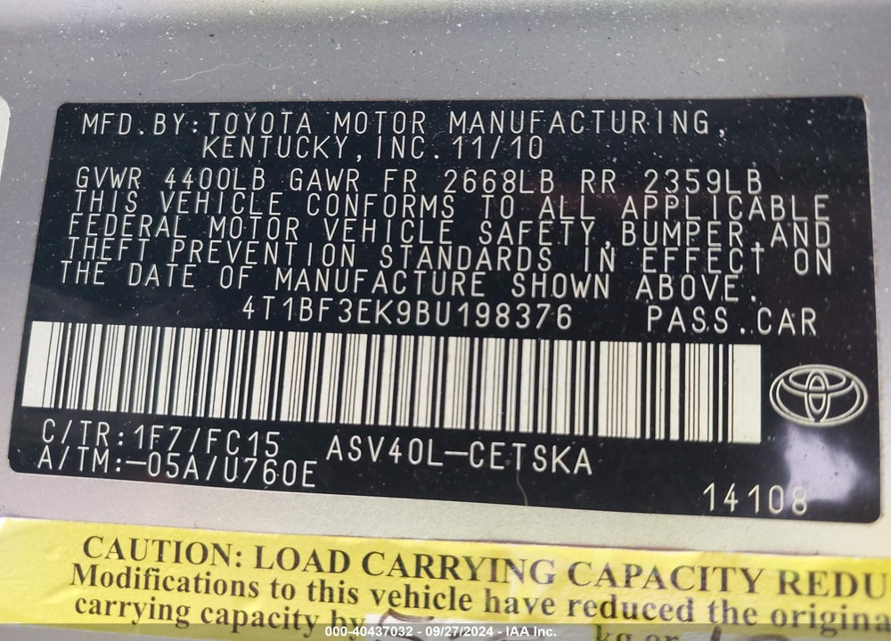 2011 TOYOTA CAMRY SE VIN: 4T1BF3EK9BU198376