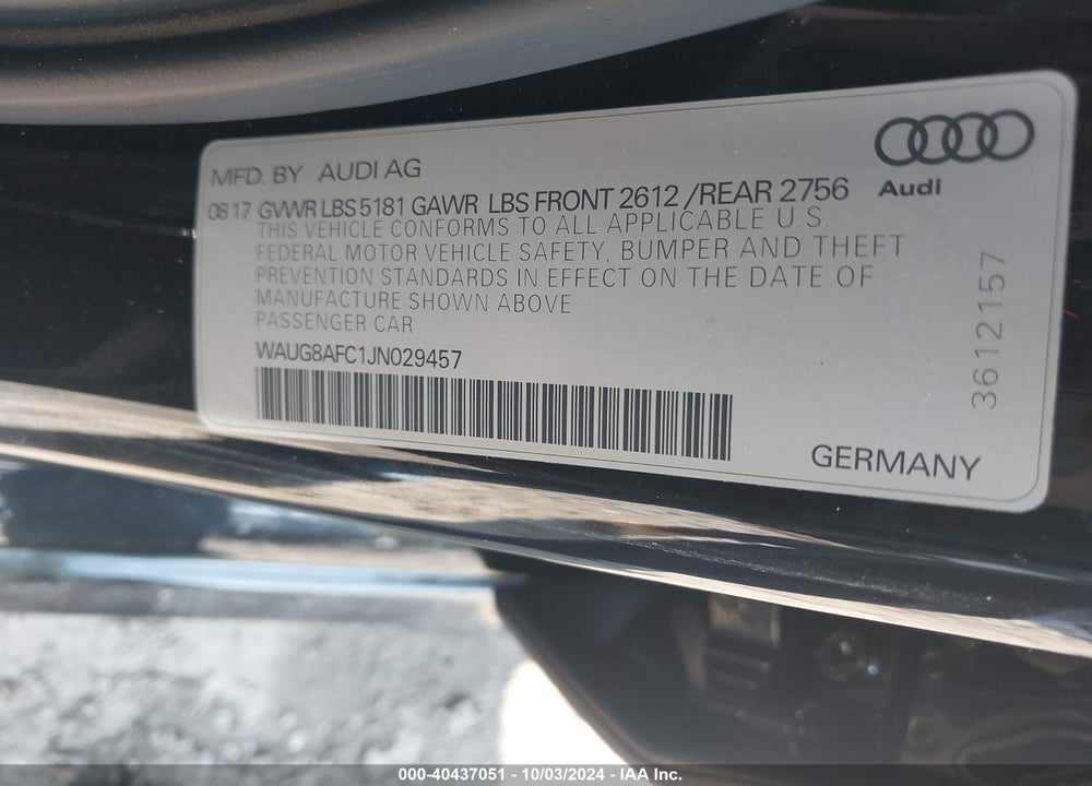 2018 AUDI A6 2.0T PREMIUM VIN: WAUG8AFC1JN029457