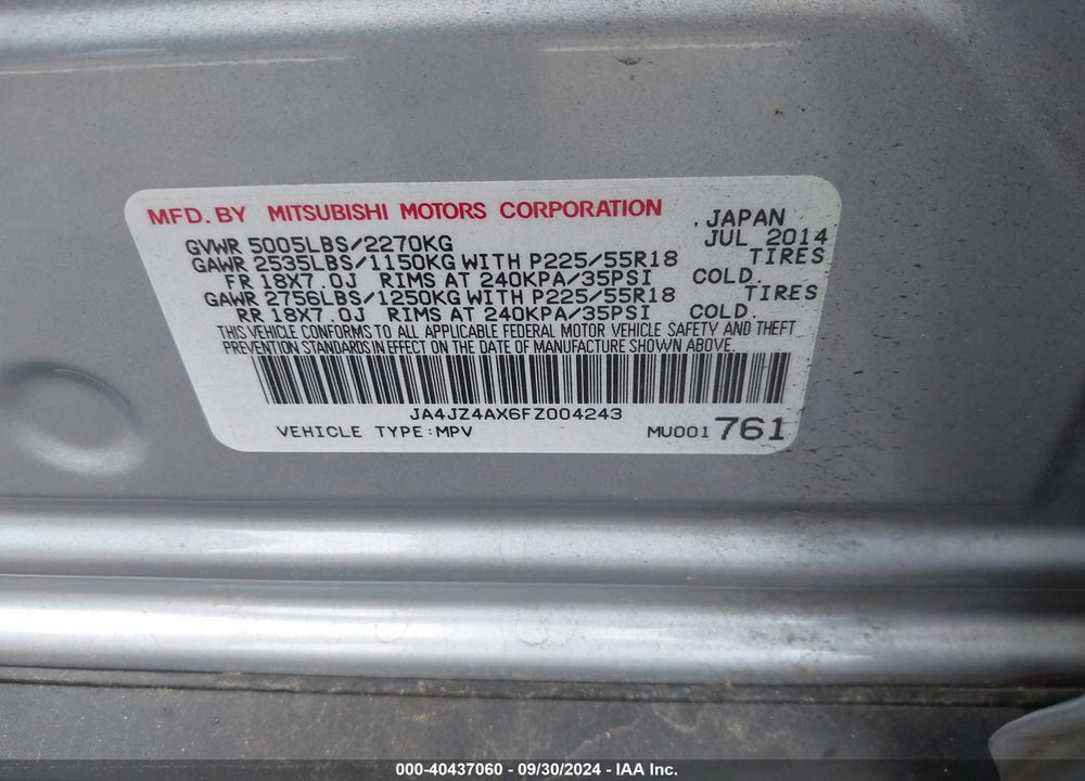 2015 MITSUBISHI OUTLANDER GT VIN: JA4JZ4AX6FZ004243