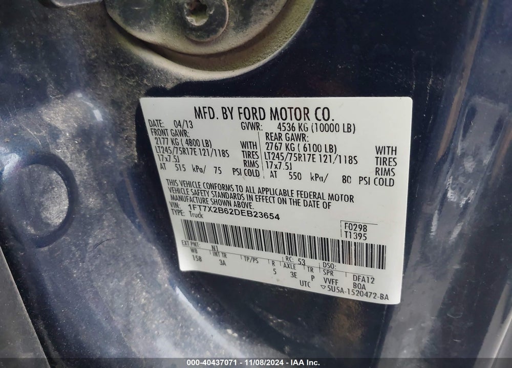 2013 FORD F-250 XLT VIN: 1FT7X2B62DEB23654