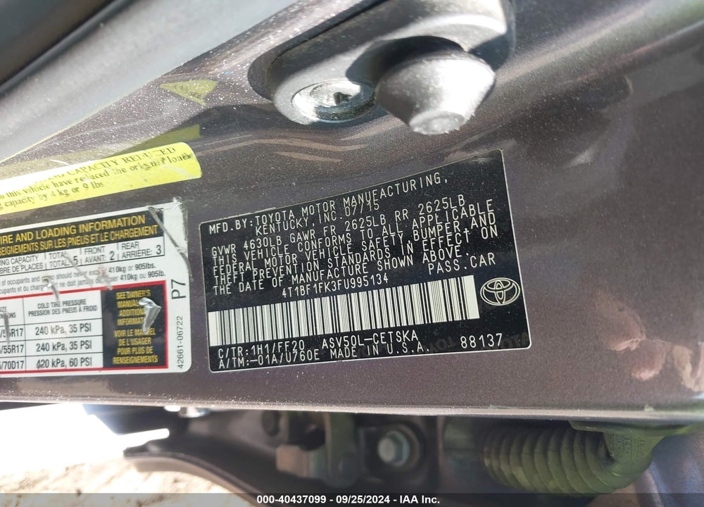 2015 TOYOTA CAMRY SE VIN: 4T1BF1FK3FU995134