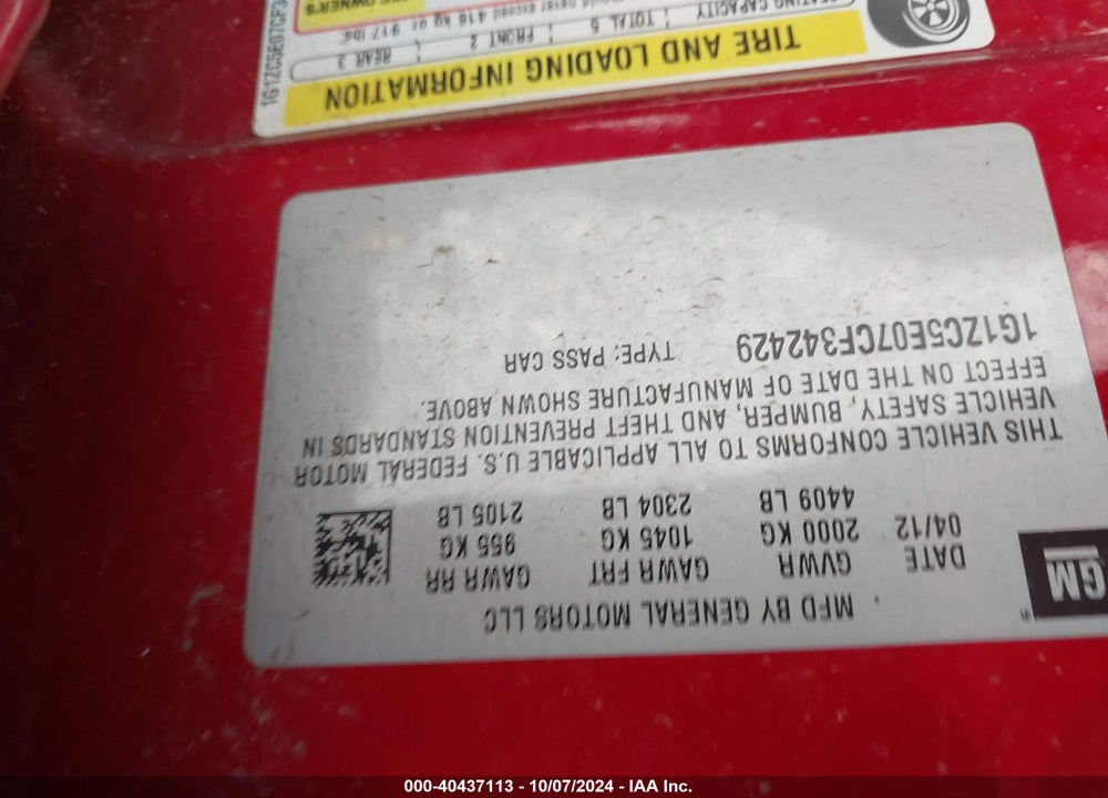 2012 CHEVROLET MALIBU 1LT VIN: 1G1ZC5E07CF342429