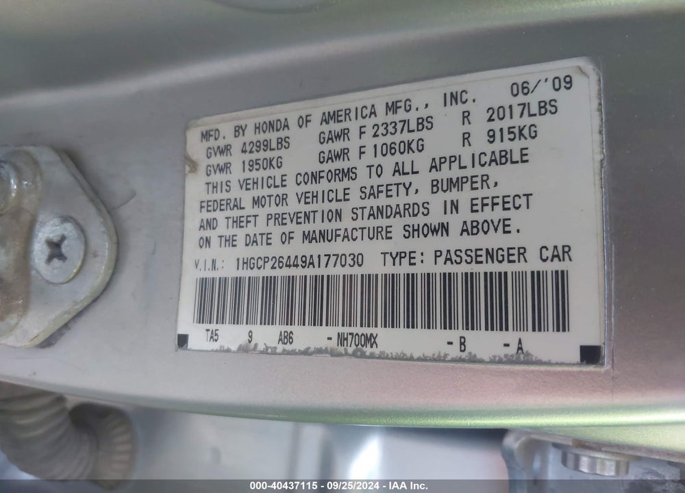 2009 HONDA ACCORD 2.4 LX-P VIN: 1HGCP26449A177030