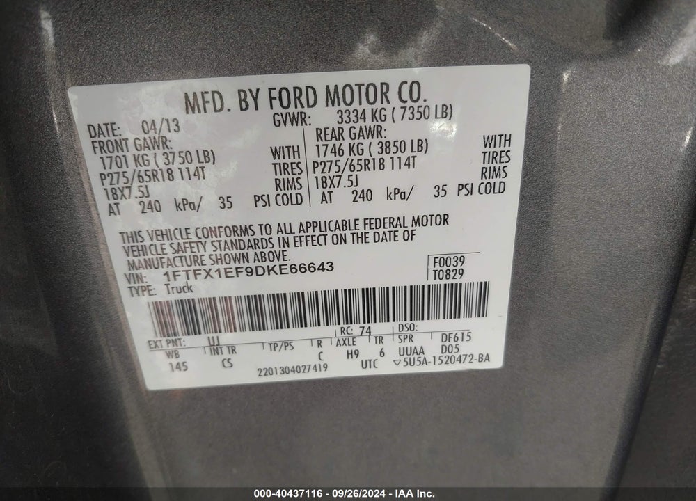 2013 FORD F-150 STX VIN: 1FTFX1EF9DKE66643