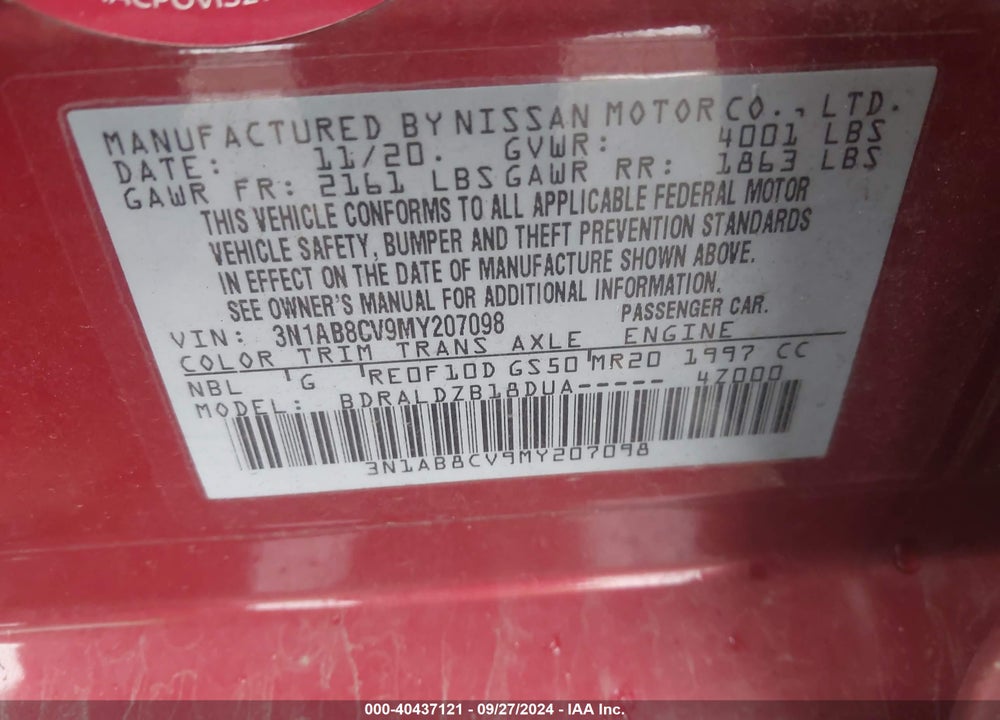 2021 NISSAN SENTRA SV XTRONIC CVT VIN: 3N1AB8CV9MY207098