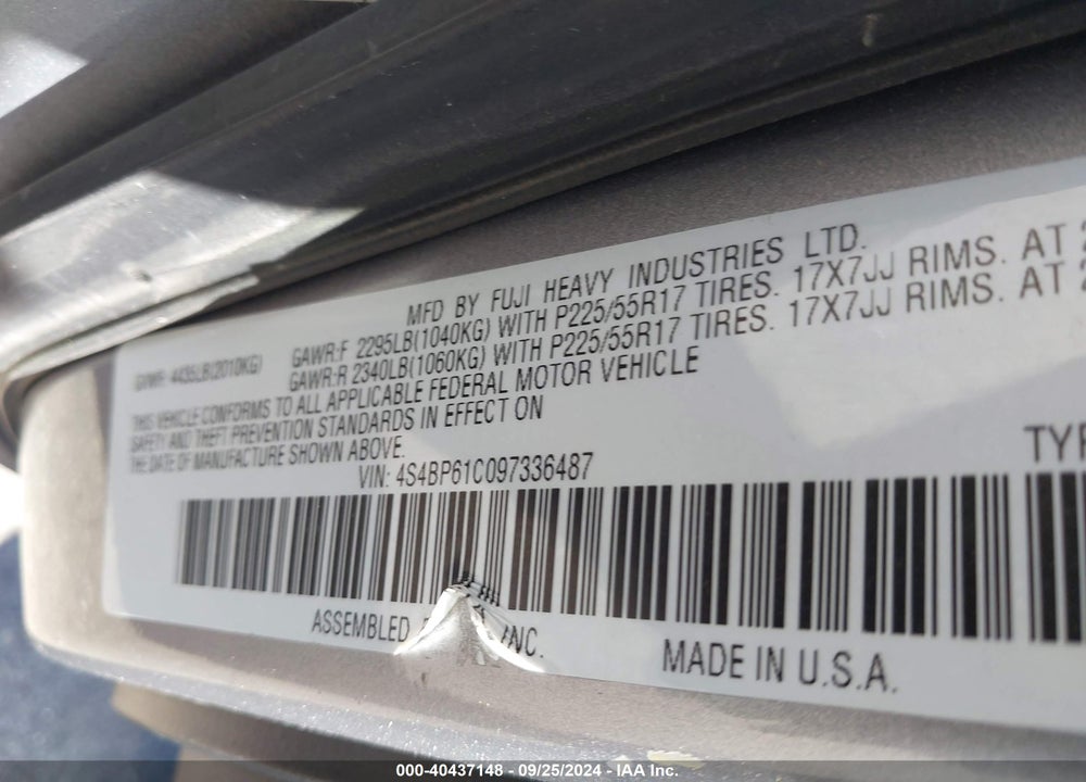 2009 SUBARU OUTBACK 2.5I VIN: 4S4BP61C097336487