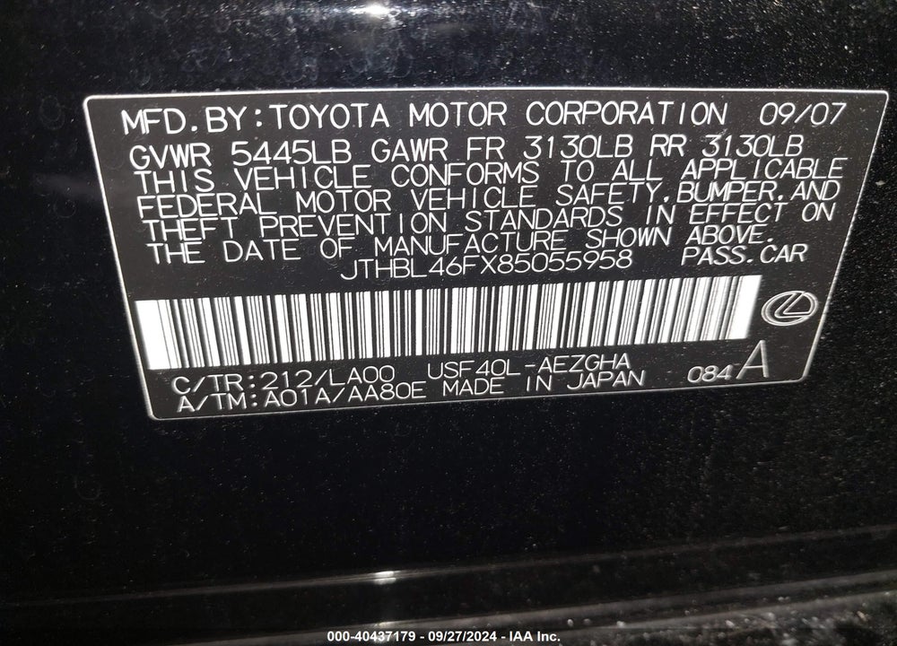 2008 LEXUS LS 460 VIN: JTHBL46FX85055958