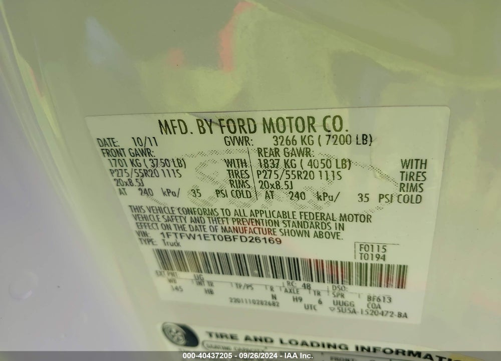 2011 FORD F-150 LARIAT VIN: 1FTFW1ET0BFD26169