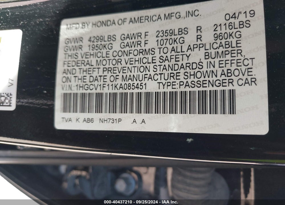 2019 HONDA ACCORD LX VIN: 1HGCV1F11KA085451