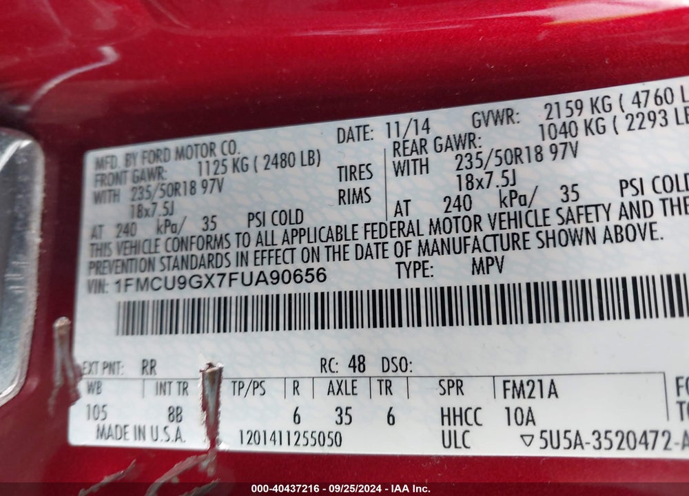 2015 FORD ESCAPE SE VIN: 1FMCU9GX7FUA90656