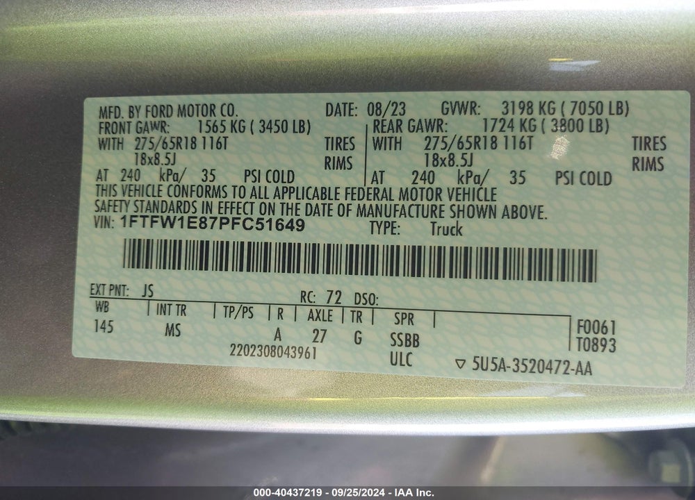 2023 FORD F-150 XLT VIN: 1FTFW1E87PFC51649