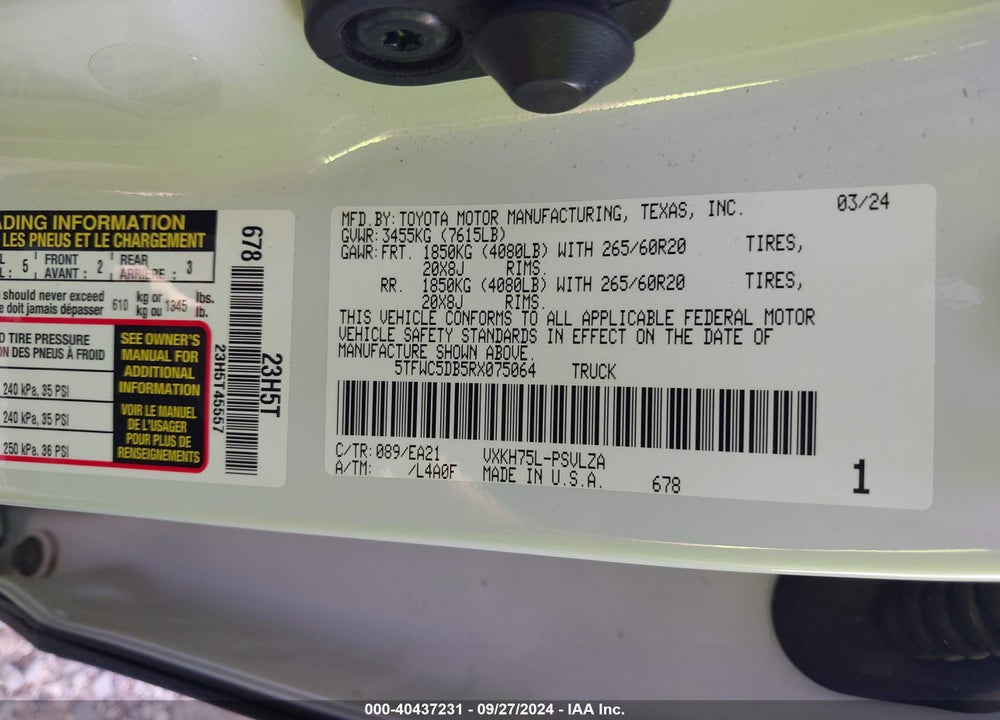 2024 TOYOTA TUNDRA HYBRID LIMITED VIN: 5TFWC5DB5RX075064