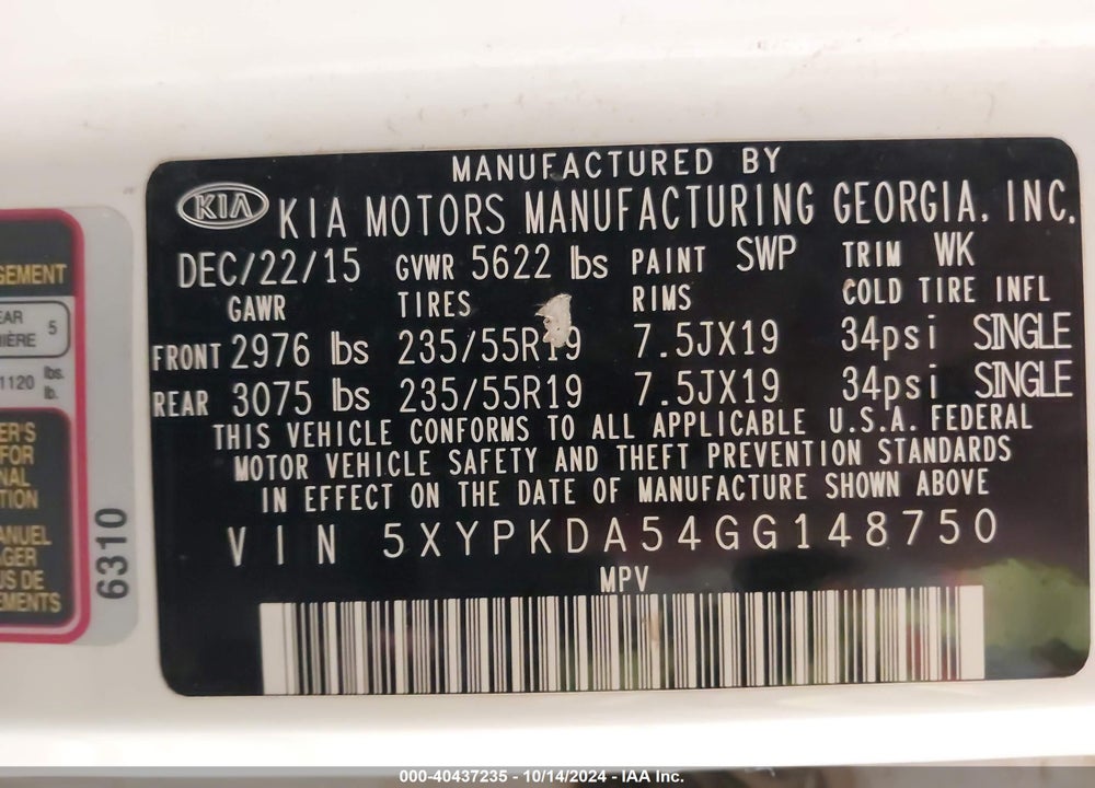 2016 KIA SORENTO 3.3L SXL VIN: 5XYPKDA54GG148750