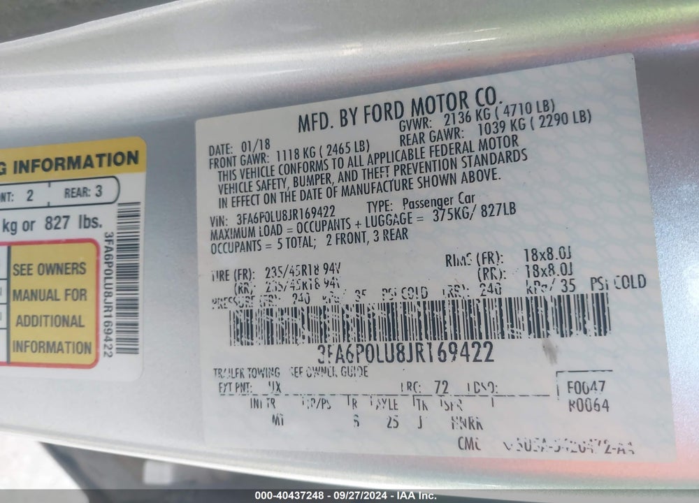 2018 FORD FUSION HYBRID SE VIN: 3FA6P0LU8JR169422