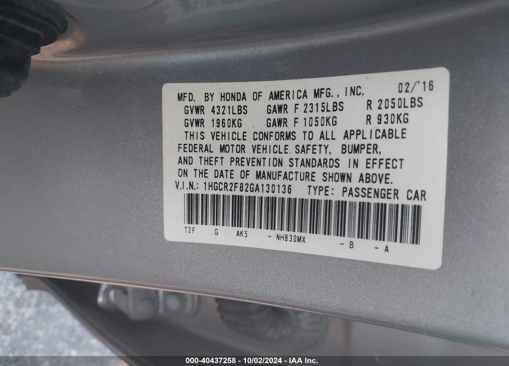 2016 HONDA ACCORD EX-L VIN: 1HGCR2F82GA130136