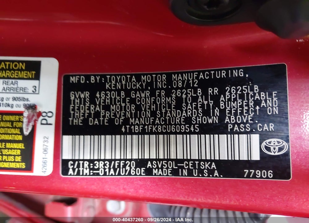 2012 TOYOTA CAMRY SE LIMITED EDITION VIN: 4T1BF1FK8CU609545