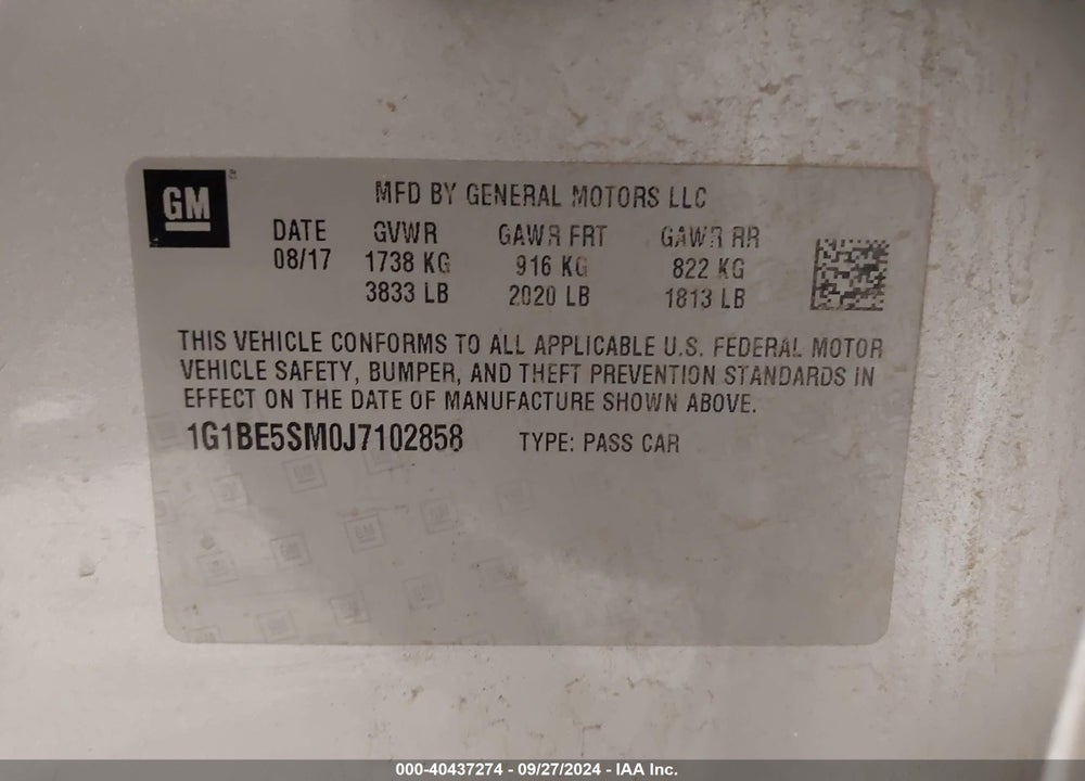 2018 CHEVROLET CRUZE LT AUTO VIN: 1G1BE5SM0J7102858