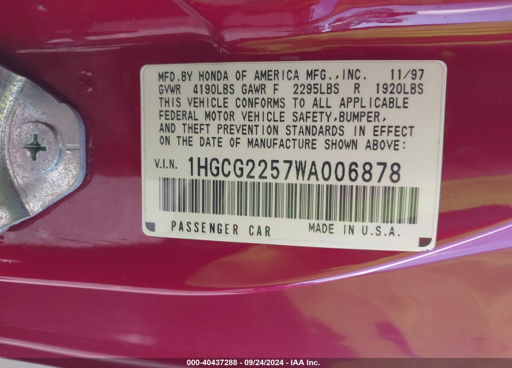 1998 HONDA ACCORD EX V6 VIN: 1HGCG2257WA006878